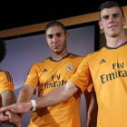 Marcelo, Benzema y Bale (de izquierda a derecha) en la presentación del tercer uniforme del Real Madrid.