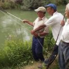 Un grupo de pescadores observa sus capturas de cangrejo señal en el coto del río Cea en León