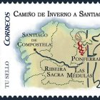 El sello de Correos reproduce el mapa de la ruta, con hitos en Ponferrada y Las Médulas.