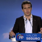 Un momento de la intervención de Pablo Casado, pesidente del PP, en un acto electoral celebrado en Córdoba este domingo.