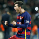 El delantero del Barcelona, el argentino Leo Messi, celebra su segundo gol ante el Espanyol.