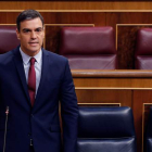 El presidente del Gobierno, Pedro Sánchez,  el miércoles, en la sesión del Congreso en la que se debatió la cuarta prórroga del estado de alarma. BALLESTEROS