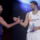 Felipe Reyes, junto a Juan Carlos Navarro, durante la presentación este lunes de la Liga Endesa