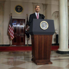 El presidente de EEUU, Barack Obama, en febrero del 2011, informando en la Casa Blanca de la caída del presidente egipcio Hosni Mubarak.