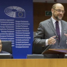 Martin Schulz, presidente del Parlamento Europeo, junto al presidente de Túnez, Beyi Caid Essebsi, pronuncia su discurso durante una sesión plenaria en la Eurocámara, en Bruselas, este jueves.
