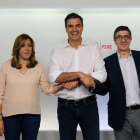 La última imagen de Pedro Sánchez y Susana Díaz juntos, junto a Patxi López, tras conocerse el resultado de las primarias.