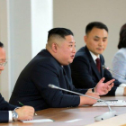 Kim Jong-un en una rueda de prensa luego de su encuentro con Vladimir Putin.