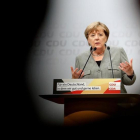 Merkel interviene en el mitin de Dortmund, el 12 de agosto.