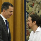 El Rey recibe a Pablo Iglesias en el palacio de la Zarzuela el pasado 22 de enero, en la primera ronda de contactos.