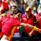 El tenista español Rafa Nadal celebra la victoria que logró ante Tsonga para meter a España en la final de la Copa Davis.