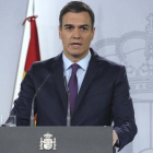 El presidente del Gobierno, Pedro Sánchez, en una comparecencia en la Moncloa.