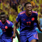 Yerry Mina celebra el primer gol de Colombia. JULIO MUÑOZ