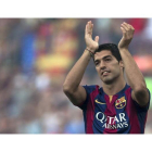 El delantero uruguayo del FC Barcelona, Luis Suárez, durante su presentación en el Camp Nou.