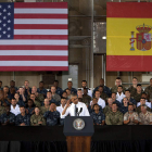 Obama en su discurso a las tropas estadounidenses y españolas en la base naval de Rota. ROMÁN RÍOS