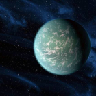 Recreación artística de un exoplaneta en el sistema Kepler-22, a unos 600 años luz.