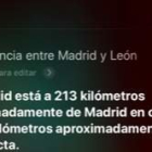 Imagen de la respuesta de Siri cuando se le pregunta por la distancia entre León y Madrid.