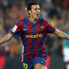 Pedro celebra el gol que ha marcado al Almería durante el partido de Liga disputado ayer.