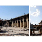 Combo de imágenes de la Gran Mezquita Olmeya de Alepo, con y sin minarete, antes y después del bombardeo de este miércoles.