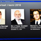 De izquierda a derecha, Jean-Pierre Sauvage, J. Fraser Stoddart y Bernard L. Feringa, Nobel de Química 2016.