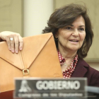 La vicepresidenta del Gobierno, Carmen Calvo, este martes en el Congreso.