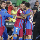 Los jugadores del FC Barcelona celebran el gol de Jordi Alba que dio la victoria a los dirigidos por Xavi Hernández. VIDAL