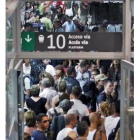 Numerosos pasajeros esperan en los andenes en la estación de Sants