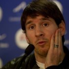 Leo Messi durante la multitudinaria rueda de prensa que dio ayer en Sant Joan de Espí.