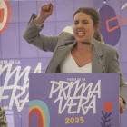 Irene Montero interviene en la Fiesta de la Primavera, acto de precampaña de la formación morada en Zaragoza. JAVIER CEBOLLADA