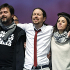 Imagen del cierre de Vistalegre II, con Mayoral, Iglesias y Montero. BALLESTEROS
