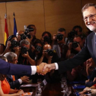 Mariano Rajoy y Albert Rivera este domingo en la ratificación del acuerdo entre sus partidos en el Congreso.