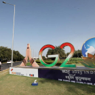 Vista del logo de la cumbre mundial del G20 desplegado en una calle de Nueva Delhi. HARISH TYAGI