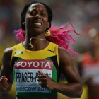 Shelly-Ann Fraser-Pryce celebra en Moscú el título de los 100 metros.