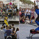 Dos momentos de la actuación del grupo circense etíope Fekat Circus, que hoy actúan con los músicos keniatas Slum Drummers.