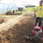 Uno de los pacientes de Proyecto Hombre prepara el terreno en el que se ubicará el huerto ecológico de Santibáñez.