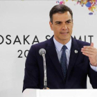 El presidente del Gobierno, Pedro Sánchez, durante la rueda de prensa ofrecida tras la finalización de la cumbre del G-20 en Osaka (Japón).