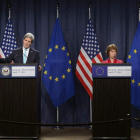 John Kerry y Catherine Ashton comparecen tras la reunión sobre Ucrania.