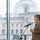 La cancillera Merkel, durante su declaración de este miércoles en Berlín.