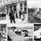 Carro atravesando Ordoño en 1950; visita del cardenál Landázuri a León en 1964, diligencia de Alsa, carro chillón y el célebre biscúter.