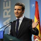Pablo Casado, el viernes, en rueda de prensa tras conocerse la fecha de las elecciones.