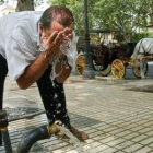 El conductor de un coche de caballos se refresca en una plaza de Sevilla.