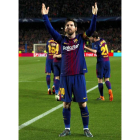Leo Messi celebra el tercer gol del equipo blaugrana en el partido correspondiente a la vuelta de octavos ante el Chelsea.