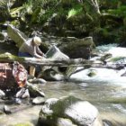 Un pescador se esfuerza para recuperar de las aguas del río una lavadora.