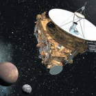 Simulación artística de la sonda 'New Horizons' en las proximidades de Plutón con tres de sus cinco satélites, incluido el gigante Caronte.