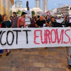 Pancartas en Tel Aviv que piden el boicot al certamen de Eurovión 2019.