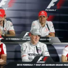 Alonso, Schumacher, Massa, Button y Hamilton ayer, en la rueda de prensa en Bahrein.