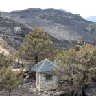 Parte de la zona arrasada por el incendio, que aún no se considera extinguido.