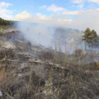 El fuego arrasó dos hectáreas de matorral y pino en el enlace de la N-VI con Ponferrada.