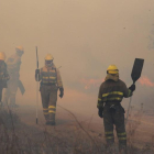 Una brigada forestal trabaja en la extinción de un incendio en León.