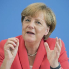 La canciller alemana Angela Merkel durante la rueda de prensa anual que ofrece para informar sobre asuntos de política nacional e internacional en Berlín este lunes.