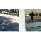 Los rastros de sangre en el Paseo de Papalaguinda pese al paso del servicio de limpieza. A la derecha, cristal roto en Urgencias del Hospital de León tras vivirse momentos de tensión.